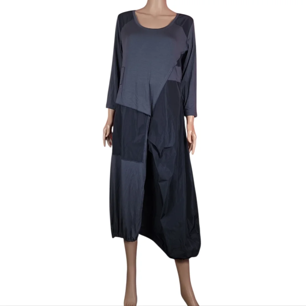 COMFY USA London Midi Dress Size Large Balloon Hem Gray‎ Size Large Lagenlook
